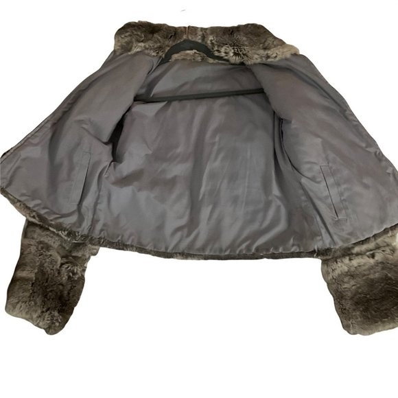 June Grey Reversible Rabbit Fur Jacket Leather Trim/polyester Side Jacket Size L - Picture 14 of 16